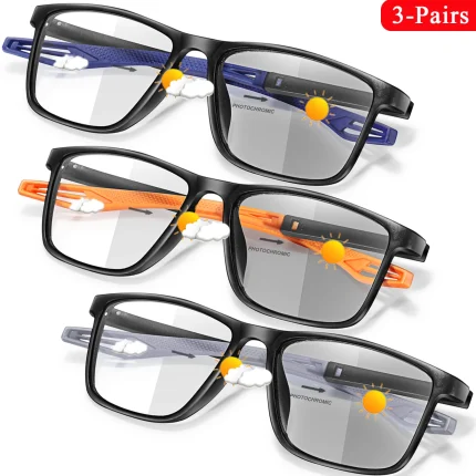 3 Pairs Reading Glasses Photochromic Classic Square Far Sight Glasses Anti Blue Light Blocking Ultralight Eyewear