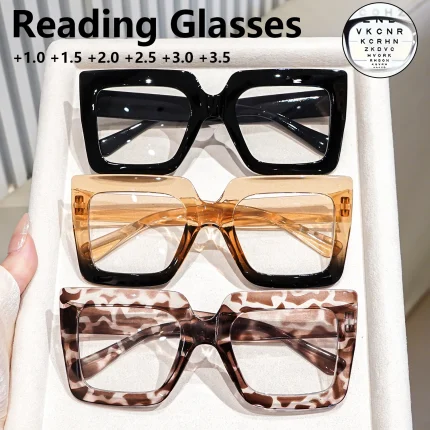 3pcs Oversized Square Reading Glasses Readers Lightweight Eyeglasses Eyewear for Women Clear Lens Leopard Fashion Glasses