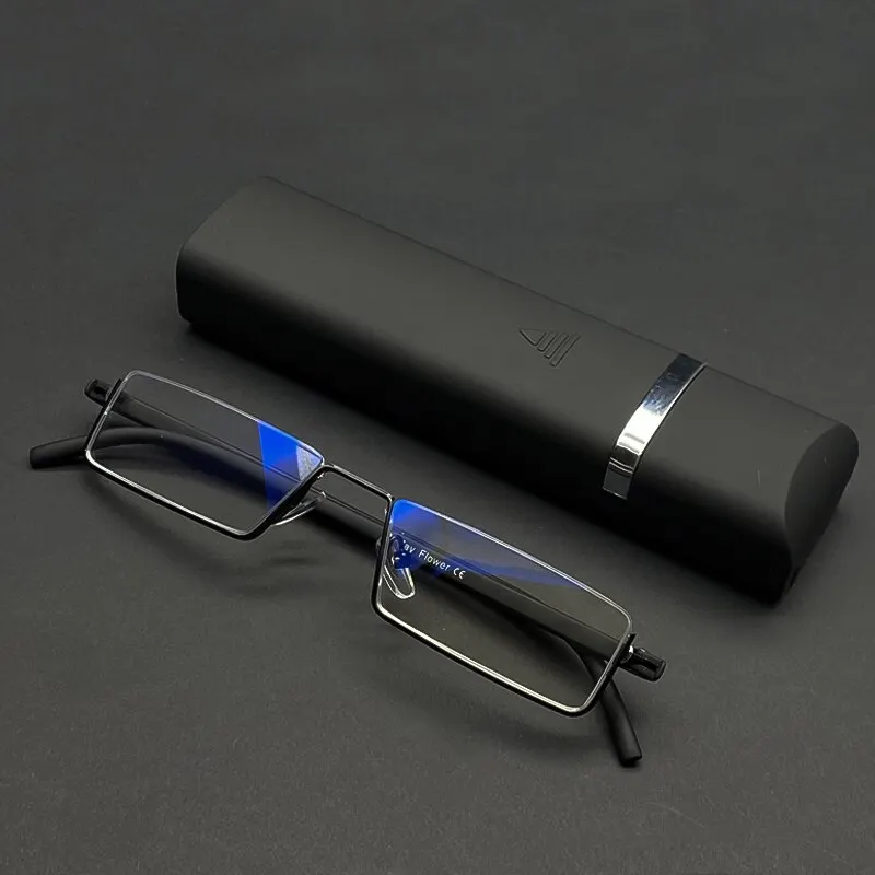 Metal Anti-Blue Light Reading Glasses Men Half Frame Eyeglasses Male Eyewear With Case +1.0 1.5 2.0 2.5 3.0 3.5 4.0 2