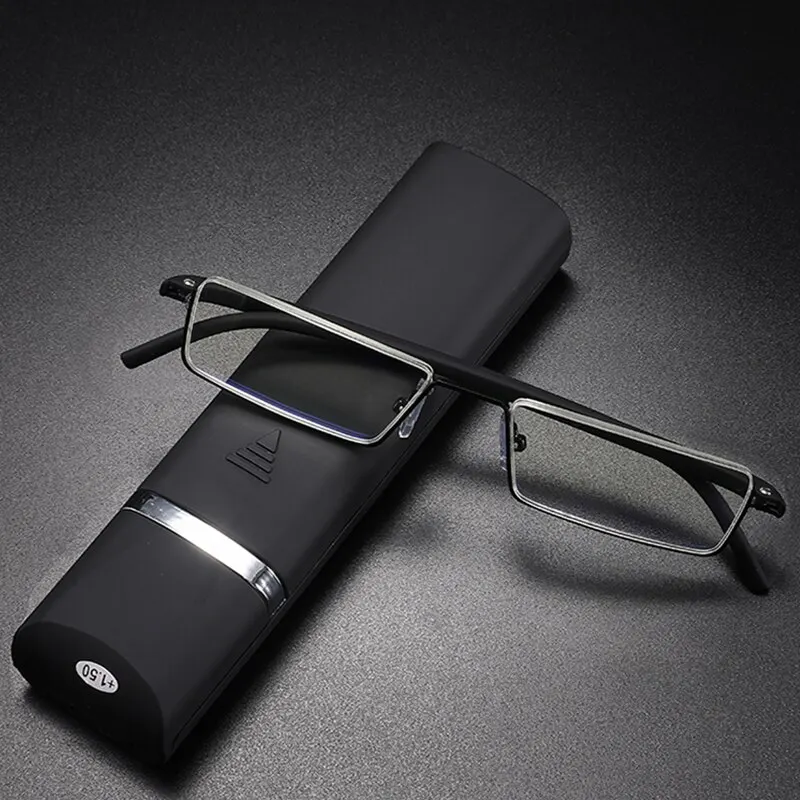 Metal Anti-Blue Light Reading Glasses Men Half Frame Eyeglasses Male Eyewear With Case +1.0 1.5 2.0 2.5 3.0 3.5 4.0
